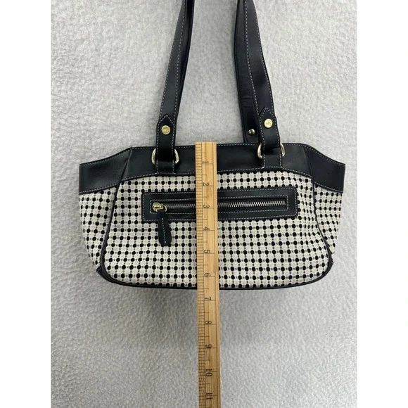 Ann Taylor LOFT Woven Polka Dot Shoulder Bag Satchel Purse Gold Accents - Picture 7 of 9